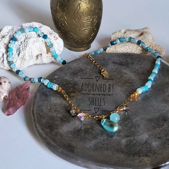 Beaded Chain Necklace Aqua Blue Crystals & Charms, Stainless Steel Heart Jewelry - Picture 7 of 9